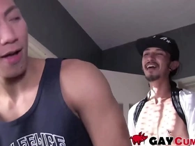 A slender Asian man immediately starts sucking a hairy cock.