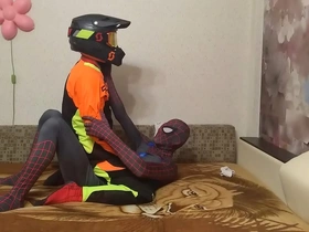 Gay motorbike Spiderman in action