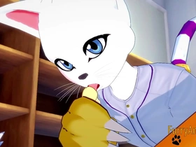 Furry animation with Renamon and Gatomon in a steamy scene