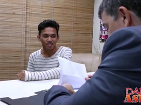 Young Asian office boy gets promoted by horny boss with a big cock