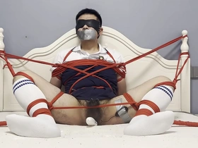 Gay Asian boys wild ride with dildo and vibrator ends in a messy climax