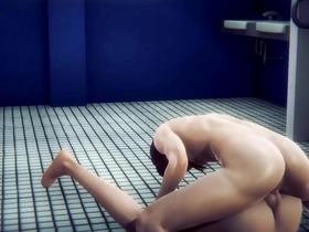 Japanese sissy Venti and his bareback lover in a public toilet scene