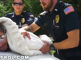 Gay police officers arrest a pimp and his gay prostitutes and seduce them.