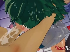 Midoriya and Bakugo in a heated yaoi scene with oral sex and an orgy
