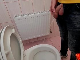 Uncut cock pisses on a train station toilet after video chat and masturbation