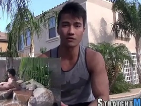 Straight amateur Asian shows off his muscles while masturbating.